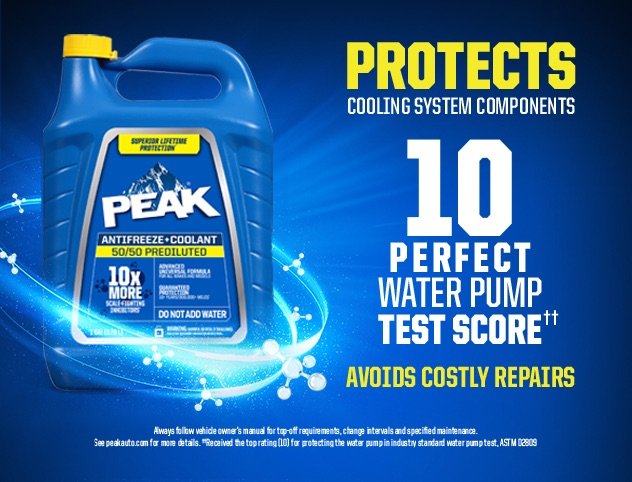 PEAK Antifreeze Protects Cooling System Parts.